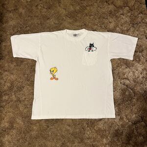 Vintage 90s Looney Tunes Tweetie Bird And Sylvester Pocket T-Shirt White XLarge